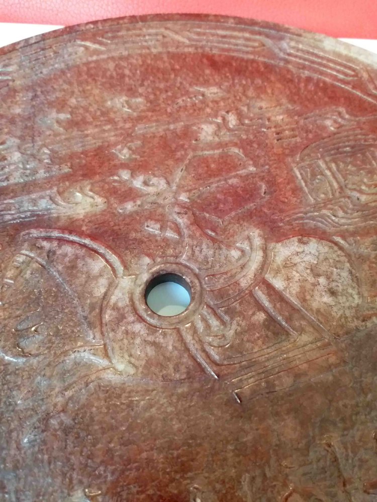 E14 Archaic Big Glass Jade Disc, Bi, with Hunting Pattern
